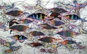 Original Batik Art Painting on Cotton Fabric Fish and Longevity by Agung 150cm x 90cm