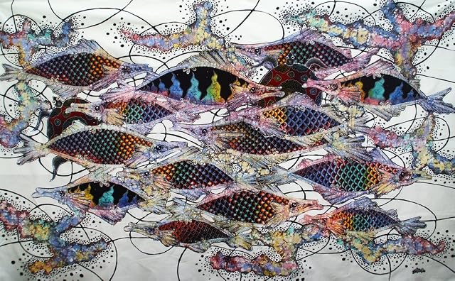 Original Batik Art Painting on Cotton Fabric Fish and Longevity by Agung 150cm x 90cm