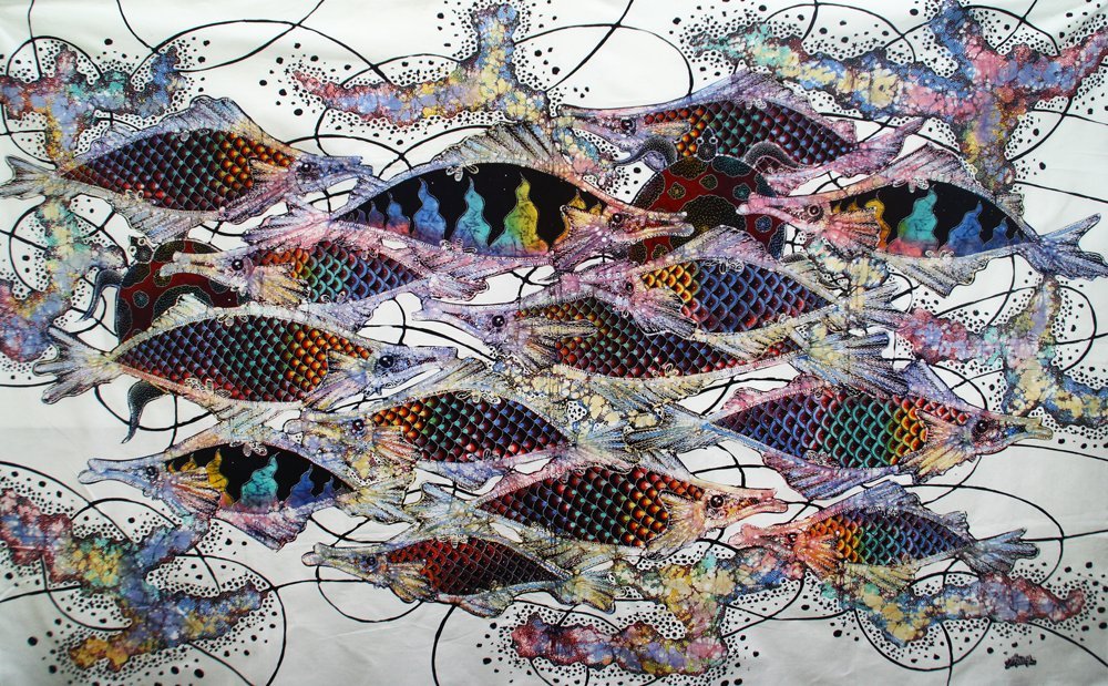 Original Batik Art Painting on Cotton Fabric Fish and Longevity by Agung 150cm x 90cm
