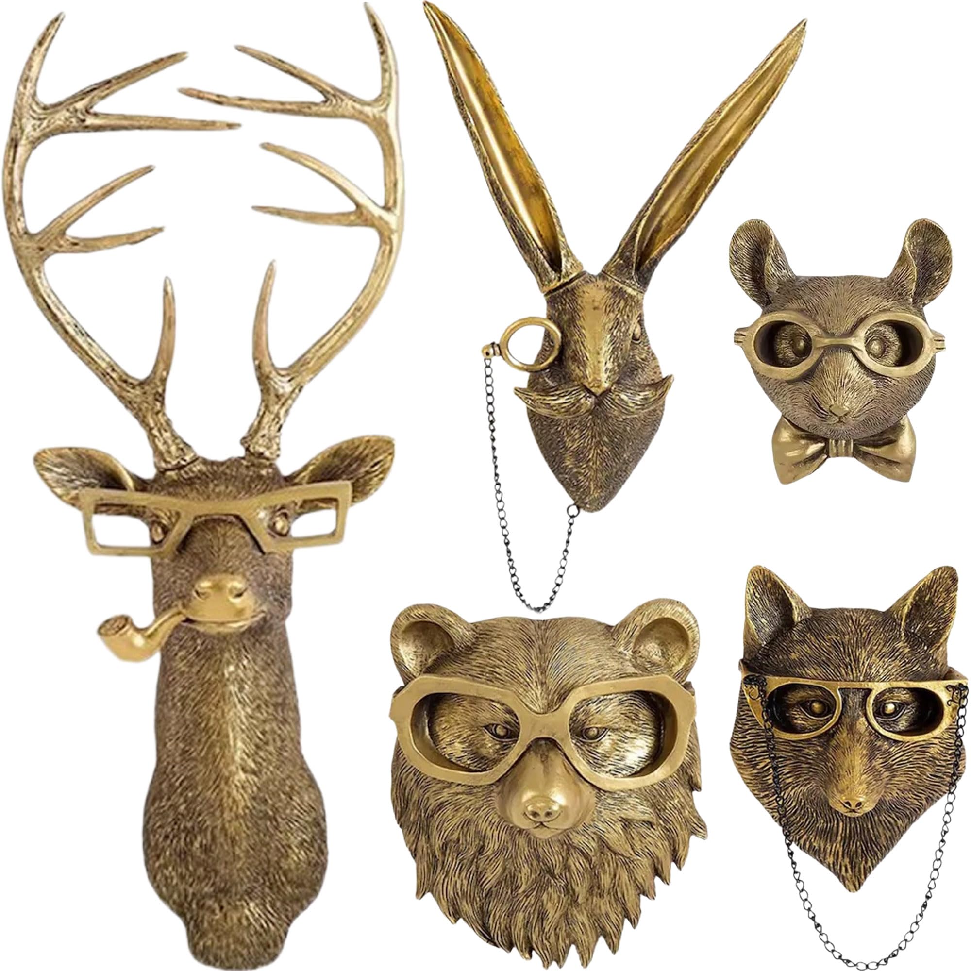 UITWMKTG 5 Pack Animal Head Wall Decor Gold Wall Sculpture Home Decor for Office Bedroom Modern Decor for Men Women