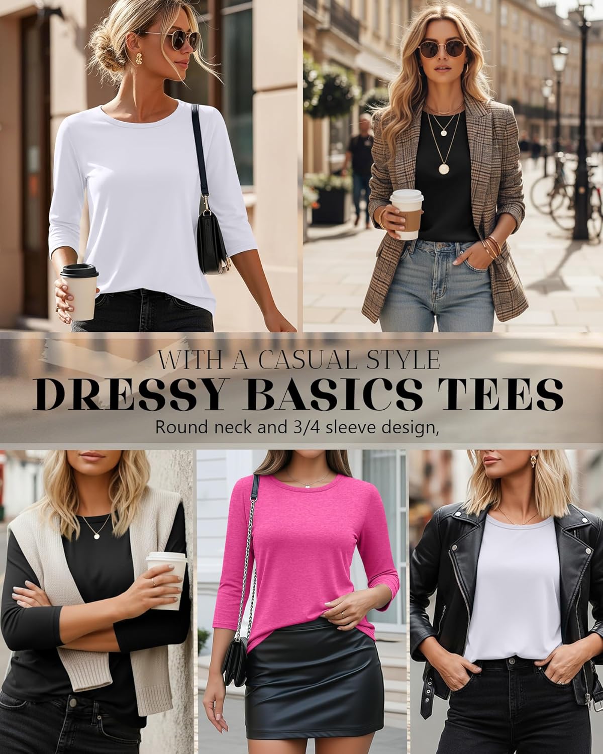 Ficerd 3 Pack 3/4 Sleeve Tops for Women Round Neck Dressy Basics Tees Casual Trendy Loose Fit T Shirts - Image 2