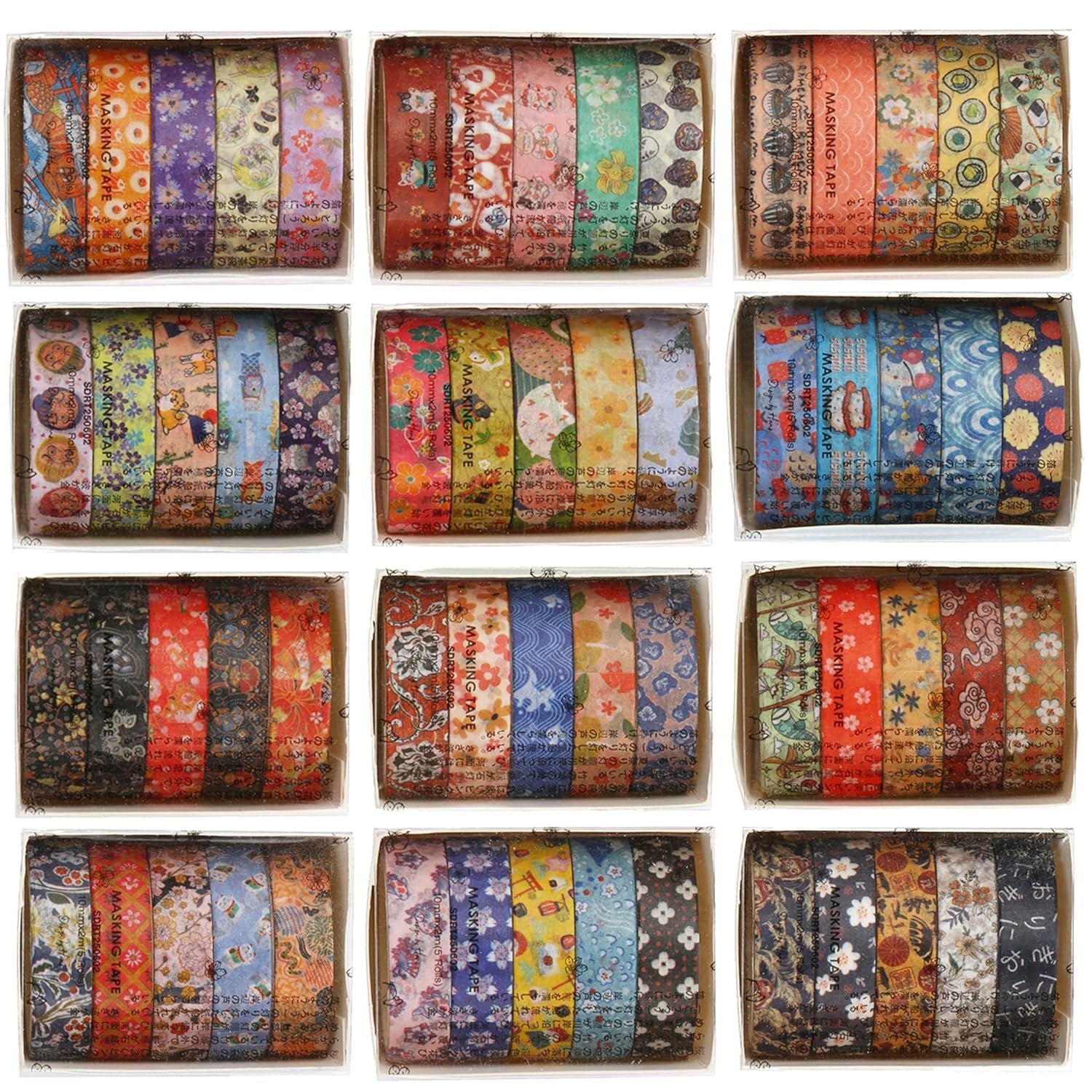 Zestaw 60 rolek taśmy Washi, sztuka retro, dekoracyjna taśma maskująca, podstawowe wzory, kolorowa taśma klejąca do majsterkowania, pamiętnika, planera, scrapbookingu, opakowania (kimono