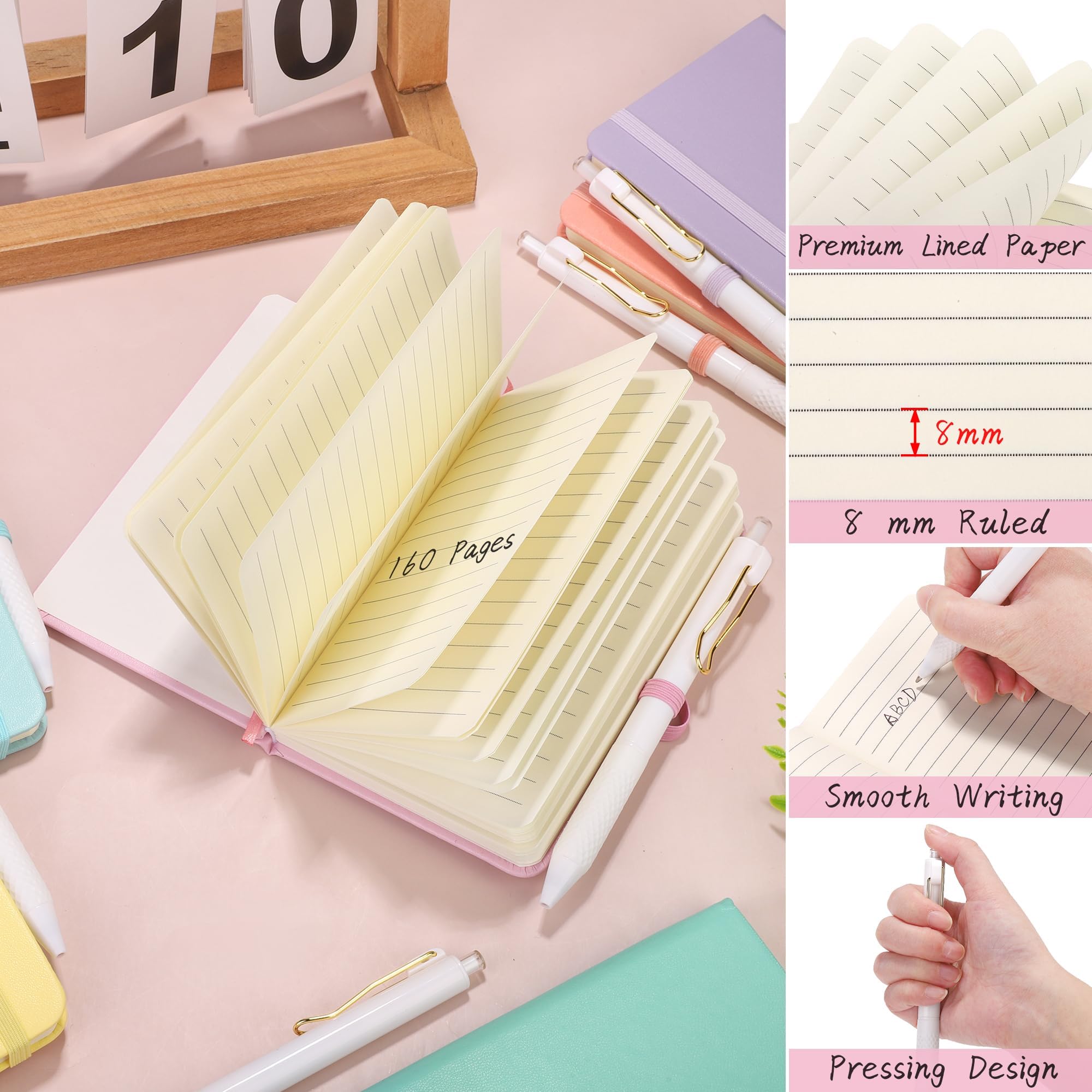 Aodaer 50 juegos de cuadernos de bolsillo con bolígrafos, 160 páginas, 3.5 x 5.5 pulgadas, mini cuaderno rayado A6 de cuero de tapa dura con soporte para bolígrafo para la escuela, oficina, multicolor