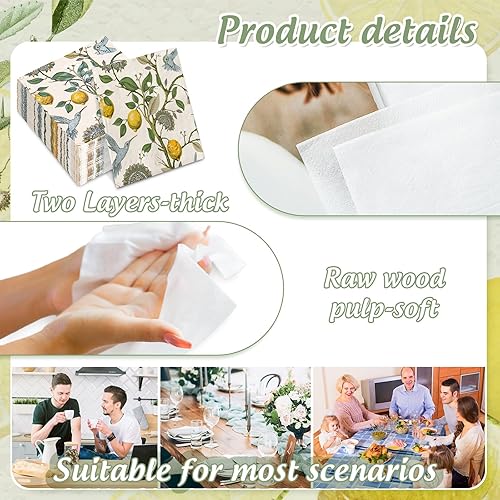 Miniatura 10 de AnyDesign - 80 servilletas de papel desechables con diseño de pájaro azul retro, diseño de árbol de limón, servilletas de papel decorativas de