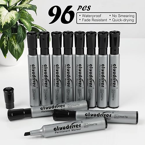 Miniatura 3 de cloudriver Marcadores permanentes de 96 unidades, juego de marcadores permanentes negros a granel, punta de cincel, marcadores a prueba de manchas
