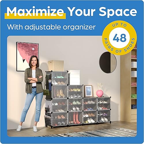 Miniatura 2 de CUBEDIY Armario organizador de zapatos, hasta 48 pares, zapatero portátil cerrado con puerta transparente (transparente, plástico, apilable),