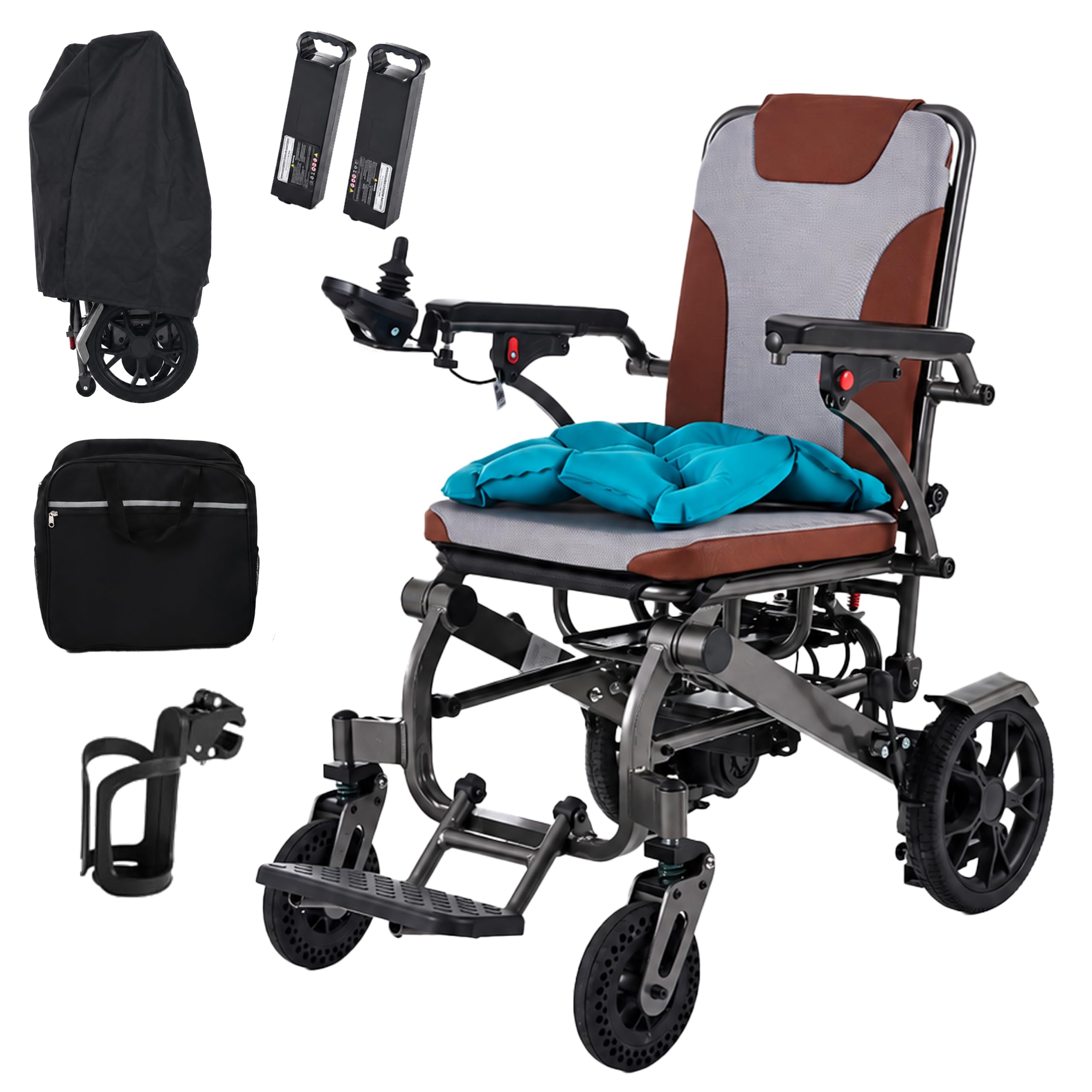Sedia a rotelle elettrica ultraleggera, 2 batterie da 10 Ah, portata 40 km, 500 W, leggera, pieghevole, per adulti, con portabicchieri, zaino, sacchetto per la polvere, tappetino per decubitori