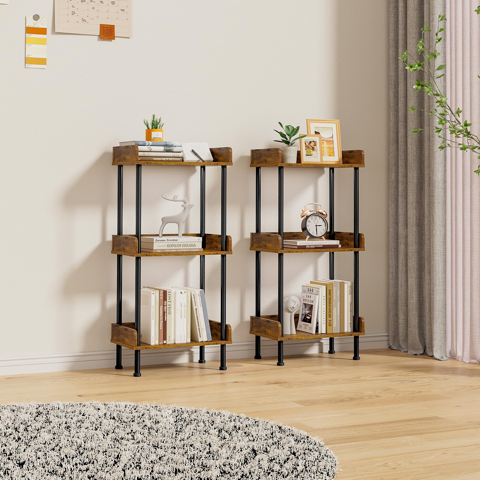 Suhu Bücherregal mit 3 Ebenen Küche Standregal Holzregale und Metallrahmen, Modernes Regal für Wohnzimmer Schlafzimmer Balkon Schwarz + Braun