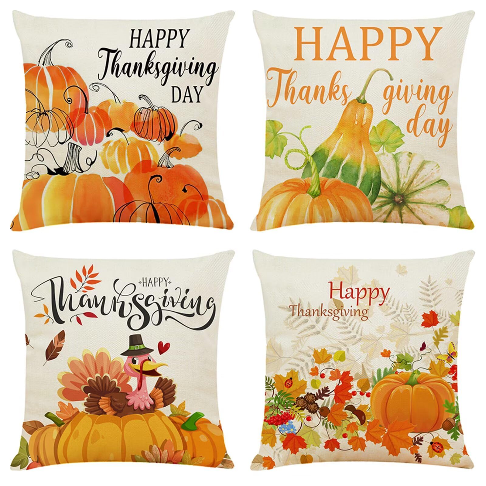 Juego de 4 Impermeable Funda de Cojín Calabaza cosechada amarilla,55x55cm Moderno Suave Transpirables Lino Fundas de Almohada Cojines Decor con Cremallera Oculta para Exterior Sofá Cama Coche Hogar