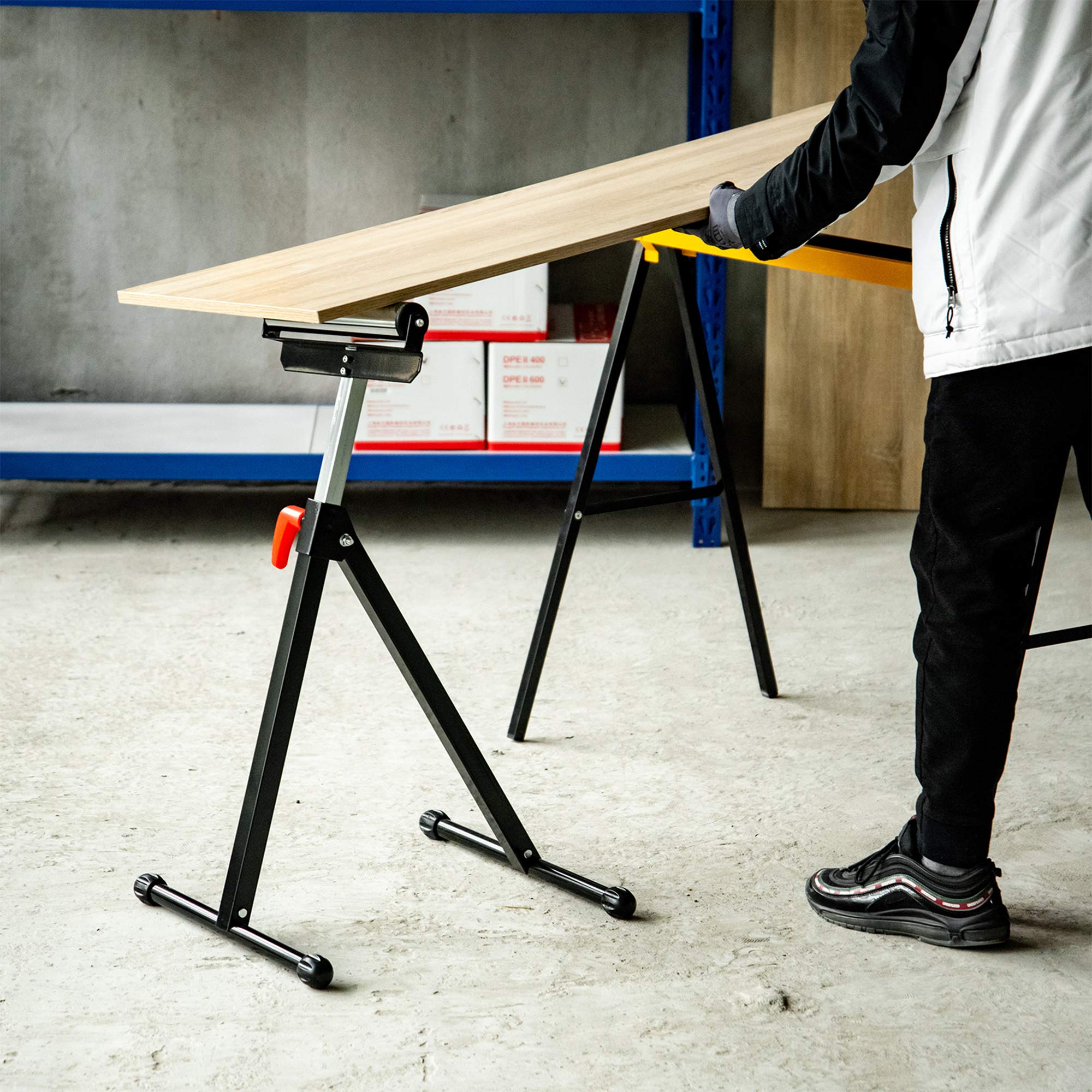 HOMCOM Servante d'atelier à rouleau pliable, lot de 2 supports avec rouleau hauteur réglable 68 à 110 cm, charge max. 90 kg, support de rouleau à billes, noir