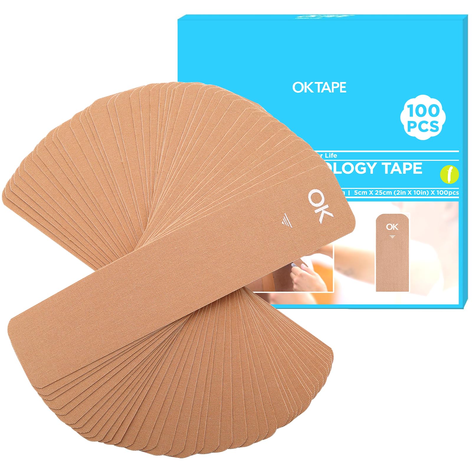 Photo 1 of OK TAPE 100Pcs Precut Kinesiology Tape Strips, Elastic Athletic Tape
