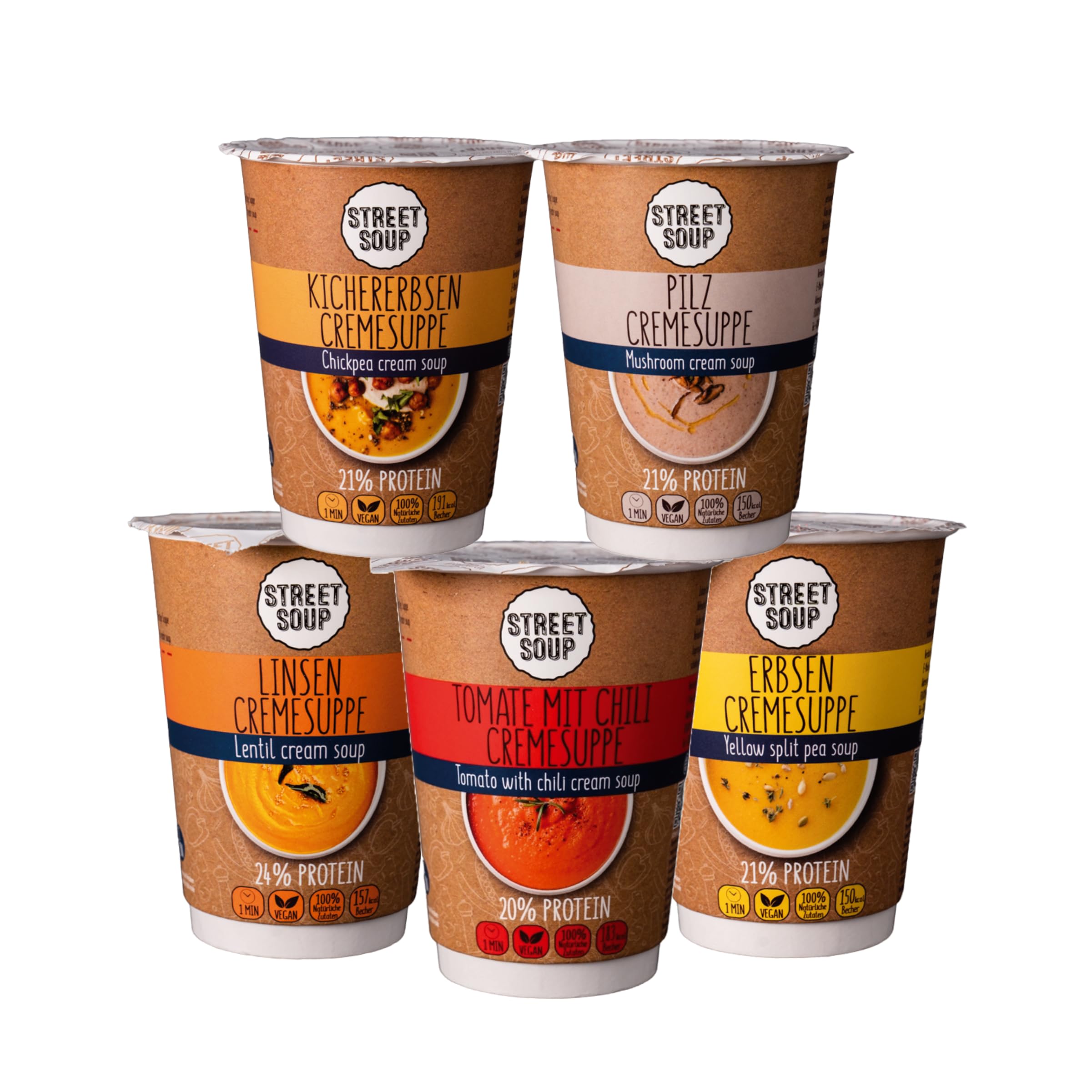 STREET SOUP Suppenkur 3 Tage, 15 vegane Cremesuppen zum Abnehmen & Detox, 100% natürlich, Low Carb & 20% Protein (15 Becher, ergibt je 300 g Suppe)