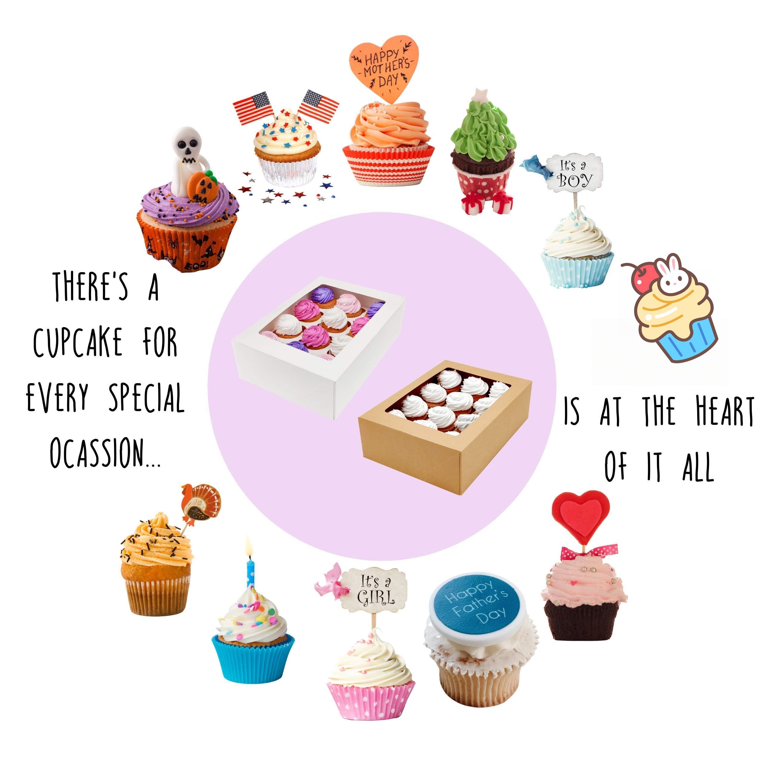 Cajas para cupcakes Kraft Bakery con ventana, 33 x 24 x 10 cm, paquete de 12 recipientes de transporte + 12 insertos para cupcakes, cajas rectangulares para tartas, gruesas y resistentes, 400 g/m²