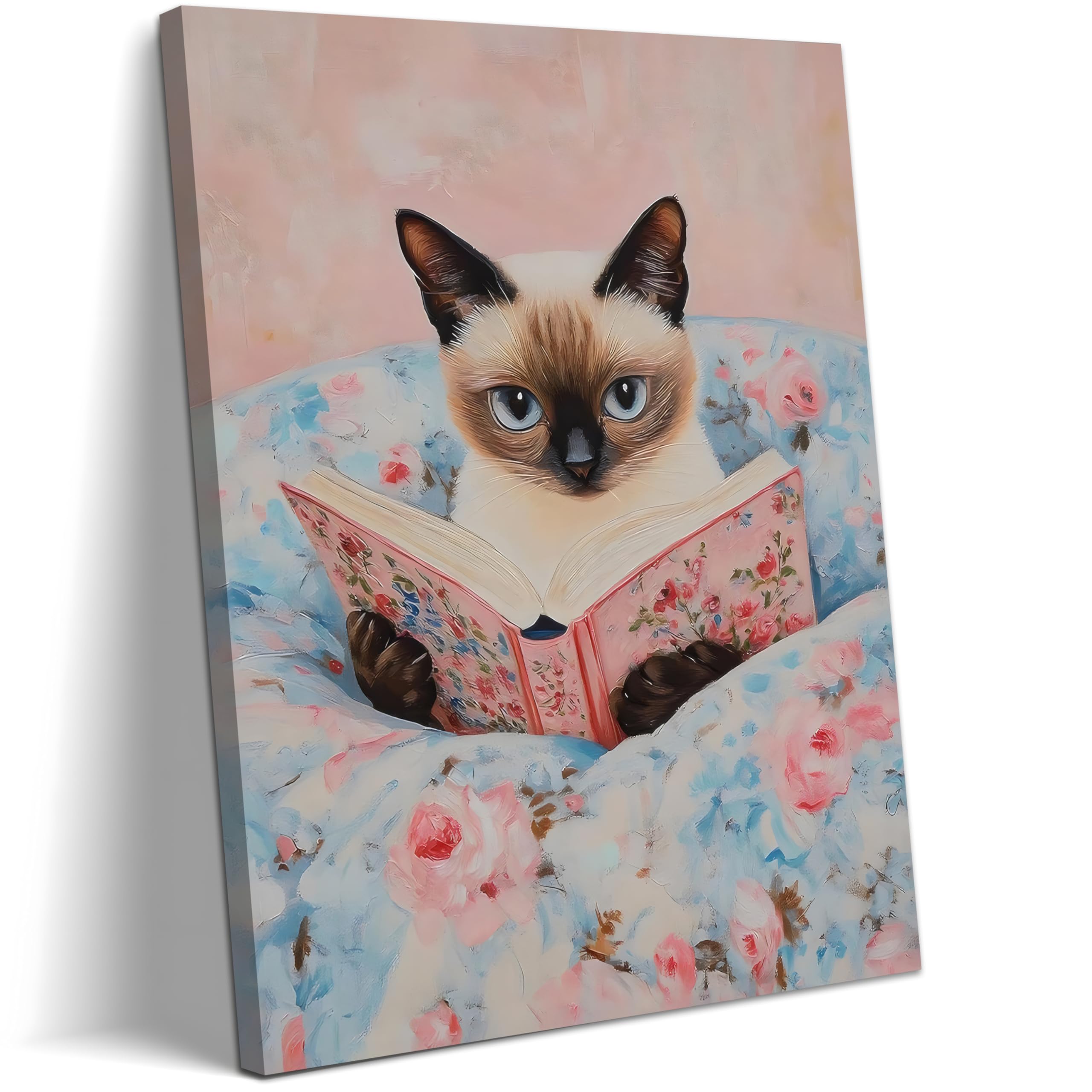 Framed Cat Reading Book Canvas Wall Art Cute Pink Siamese Cat Wall Decor Print Painting Funny Animal Lovers