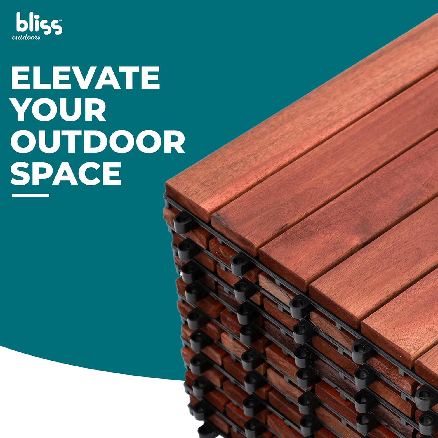 Bliss Outdoors Hardwood 6-Slat Interlocking Deck Tiles, Acacia Wooden Waterproof Patio Flooring for Balcony Indoor and Outdoor, Red, Set of 30