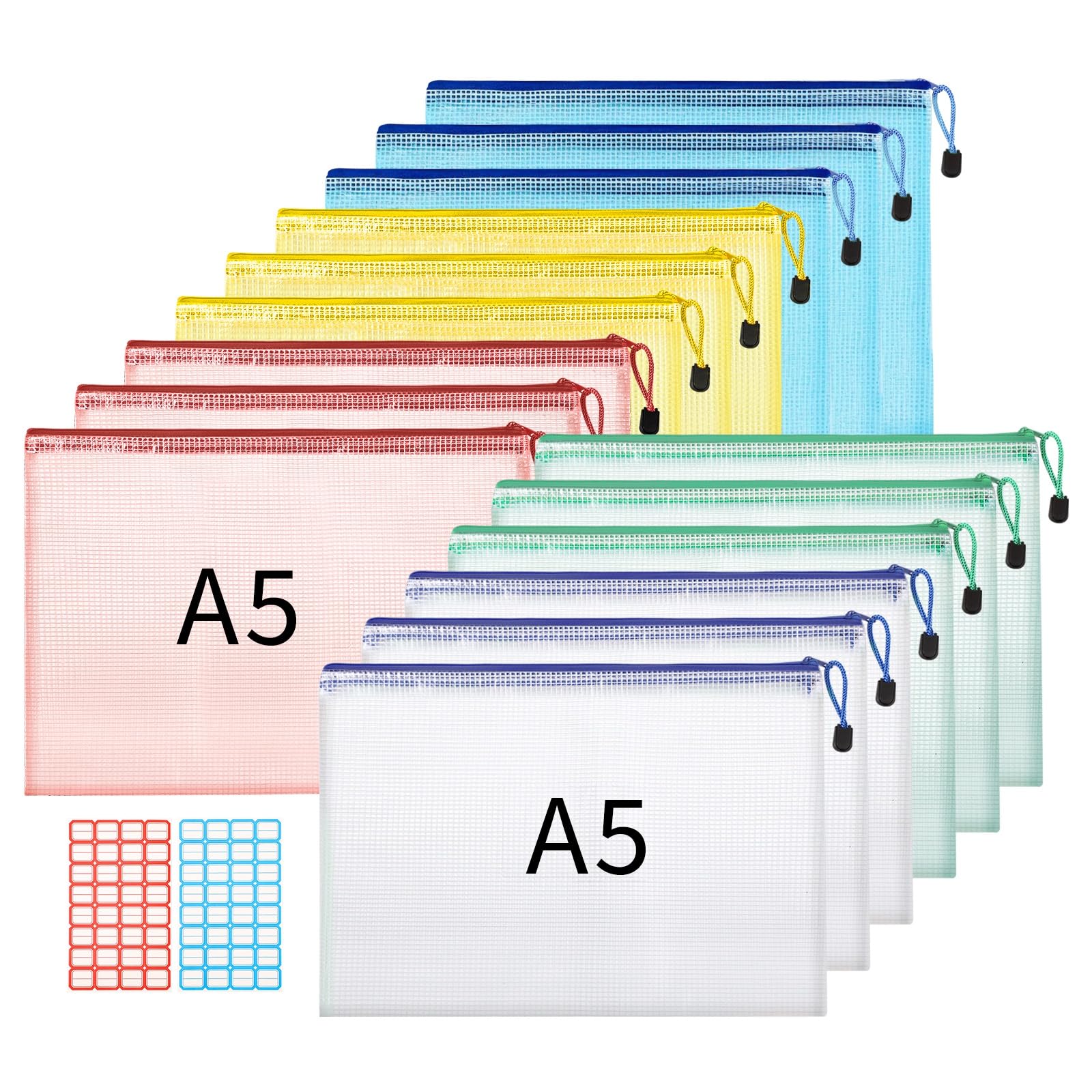 15 Stück Dokumententasche A5, Wasserdichte Reißverschlusstasche Dokumentenmappe mit Reißverschluss Dokumententaschen für Datei Prüfungspapier Quittungen Kosmetika (5 Farben)