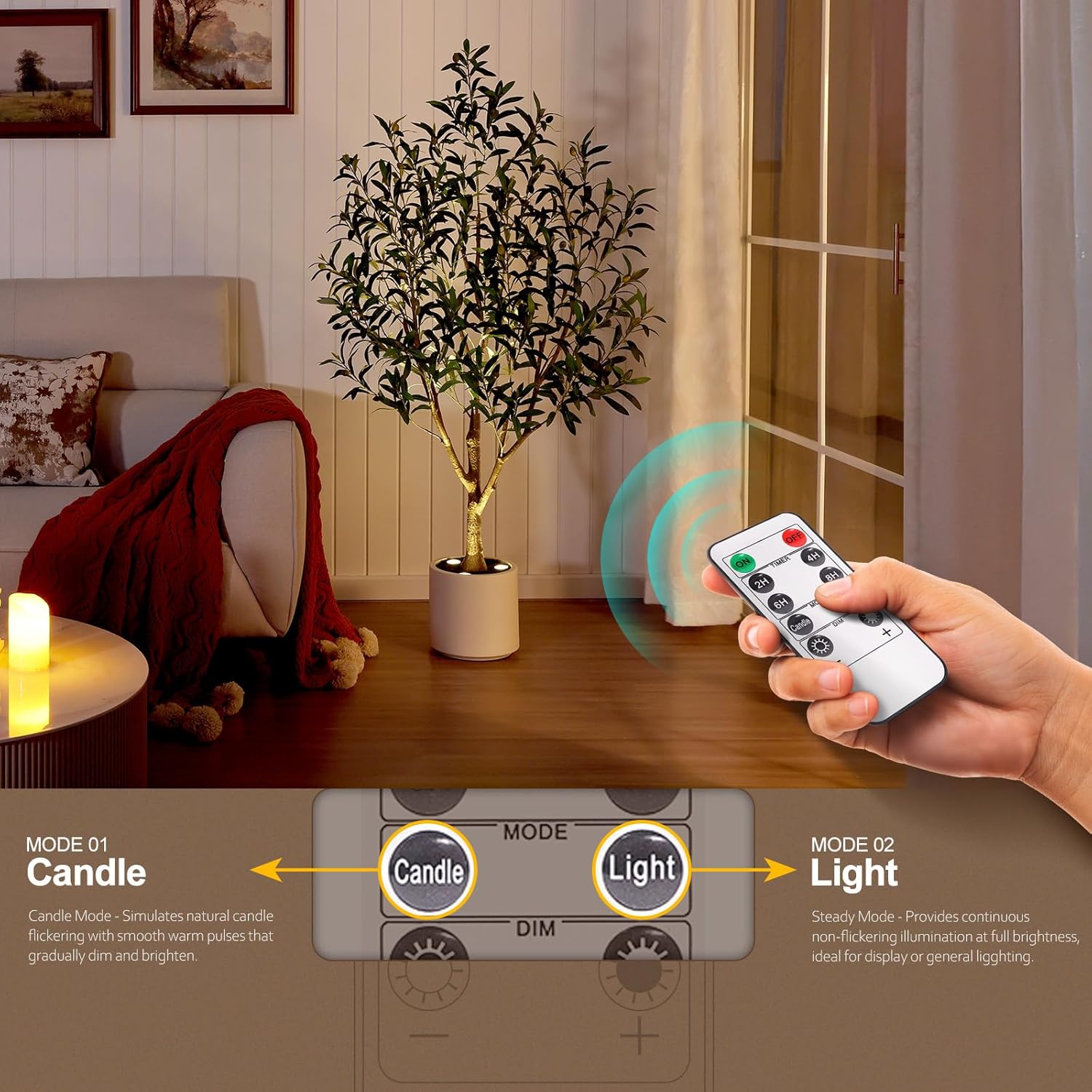 Olive Trees Artificial Indoor 5FT - Realistic Fake Plants with Remote LED Spotlights, White Planter - Faux Olive Tree for Home Living Room Office Floor Bedroom Decor,VN214