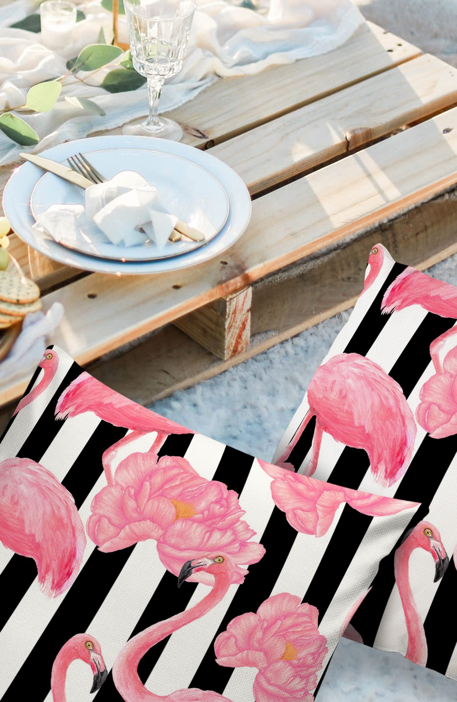 Pink Flamingos and Flowers with Black and White Stripe Outdoor Pillow Cover 24x24 Inch Cushion Sham Case, Waterproof Decorative Square Throw Pillowcase for Outside Garden Patio Porch Couch Chair Tent