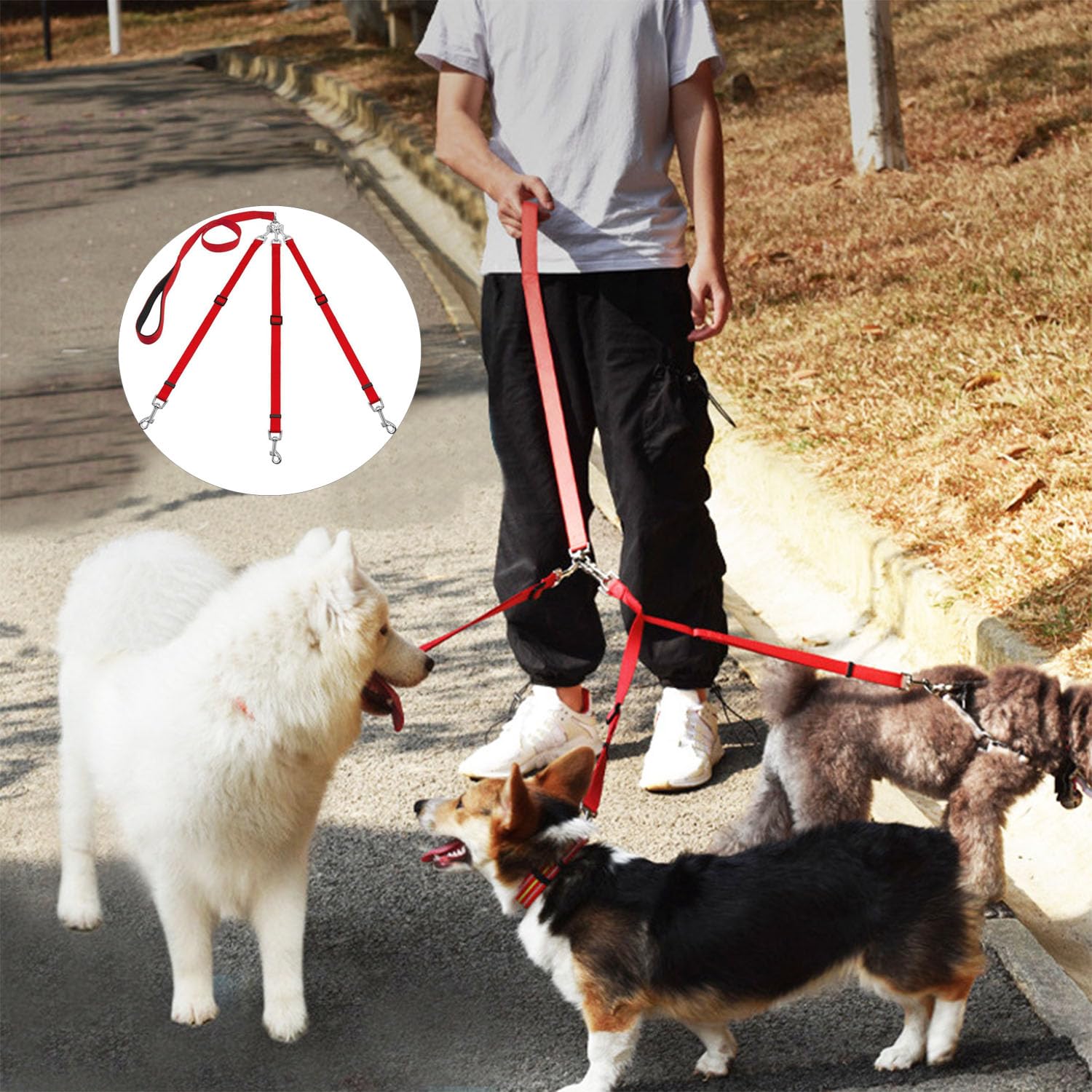 Guinzaglio Triplo Per Cani - 3 In 1, Nylon Regolabile, Per Due Cani - Foto 3