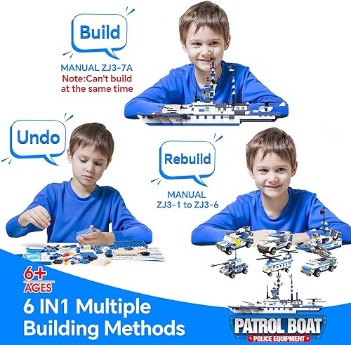 Miniatura 2 de Juego de juguetes de construcción de autos de policía de la ciudad, 6 en 1, acorazado militar, juguetes de construcción con helicóptero con cajas de