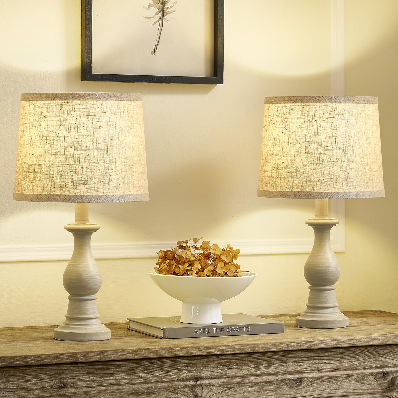 Hikczc Vintage Table Lamp for Living Room Bedroom, 18.5" Farmhouse Bedside Lamps Nightstand Lamp Set of 2, Table Lamps with Oatmeal Linen Lamp Shades, 2 LED Bulbs Included