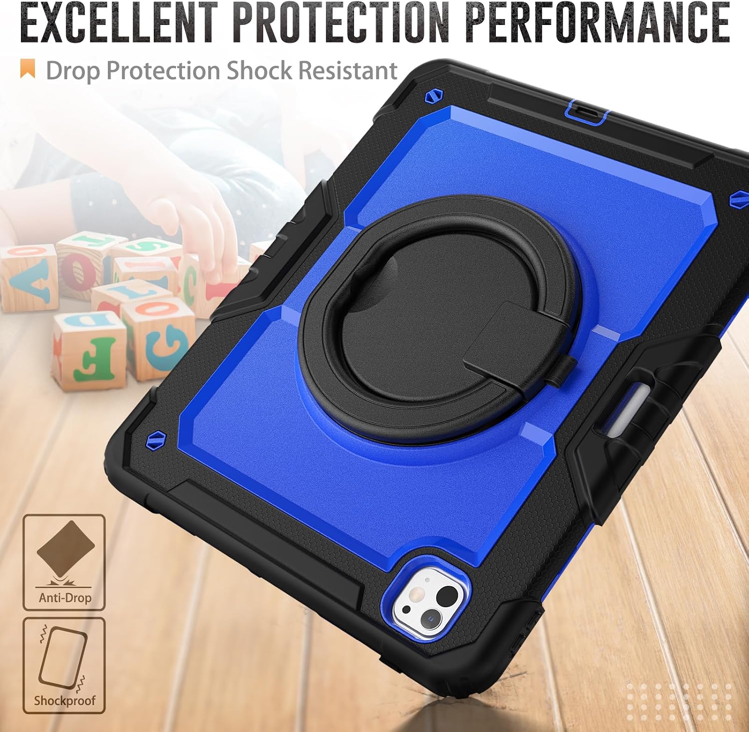 SCSVPN Case for iPad Pro 13 inch M5 2025 / M4 2024 with Screen Protector - Pencil Holder - 360° Rotating Stand/Handle - Shoulder Strap, Full Body Rugged Shockproof Protective Silicone Cover (Blue)