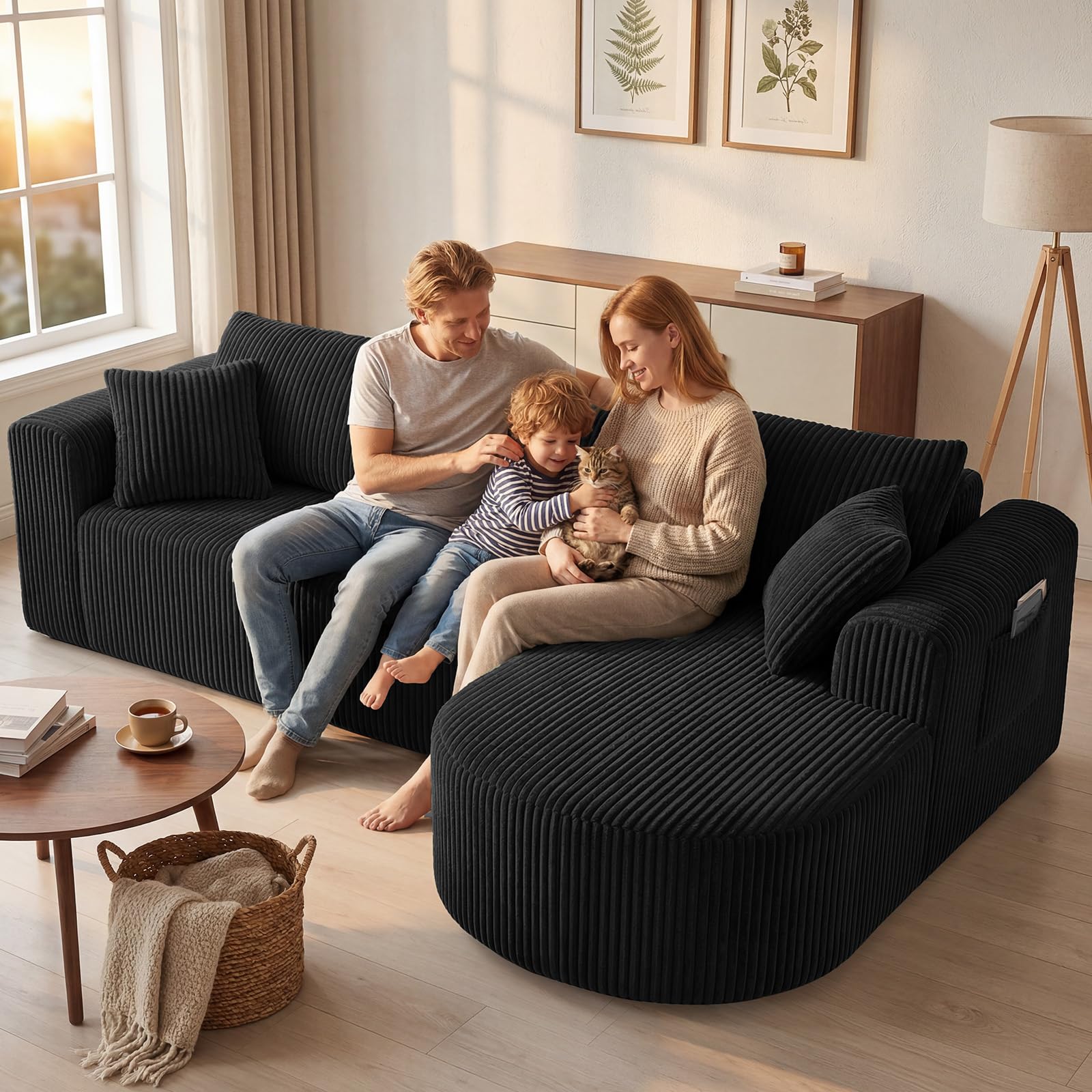 COMHOMA Canapé d'angle modulaire en velours côtelé de 243 cm avec méridienne, canapé-lit en forme de L, canapés sectionnels avec coussins et poches latérales, canapé pour salon, sans montage, noir