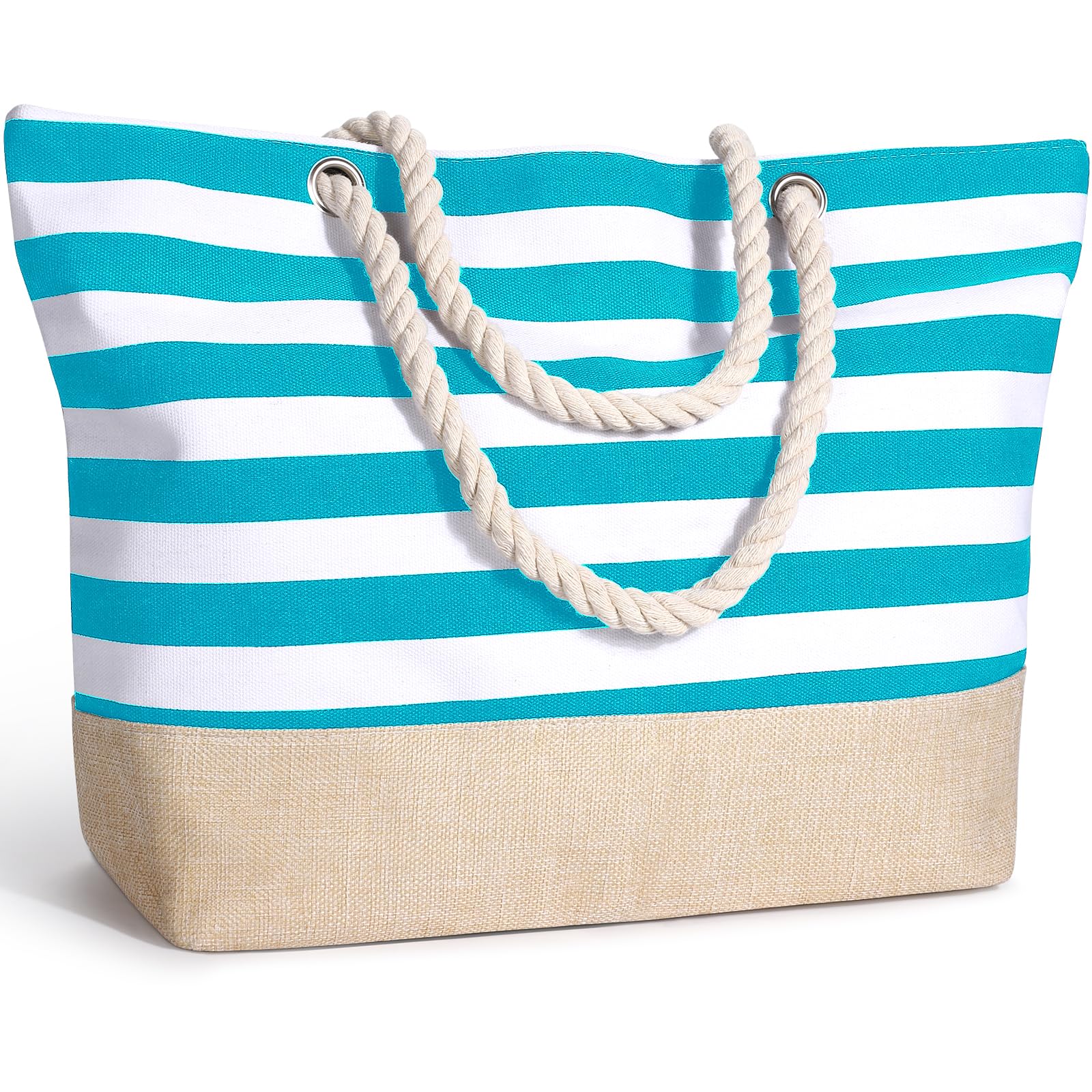 Decmoko Bolsa de Playa para Mujer, Totalizador de Lona de Verano Grande con Cremallera y Asa de Cuerda, Bolso Tote Beach Bag para Playa Viajes Gimnasio Compras