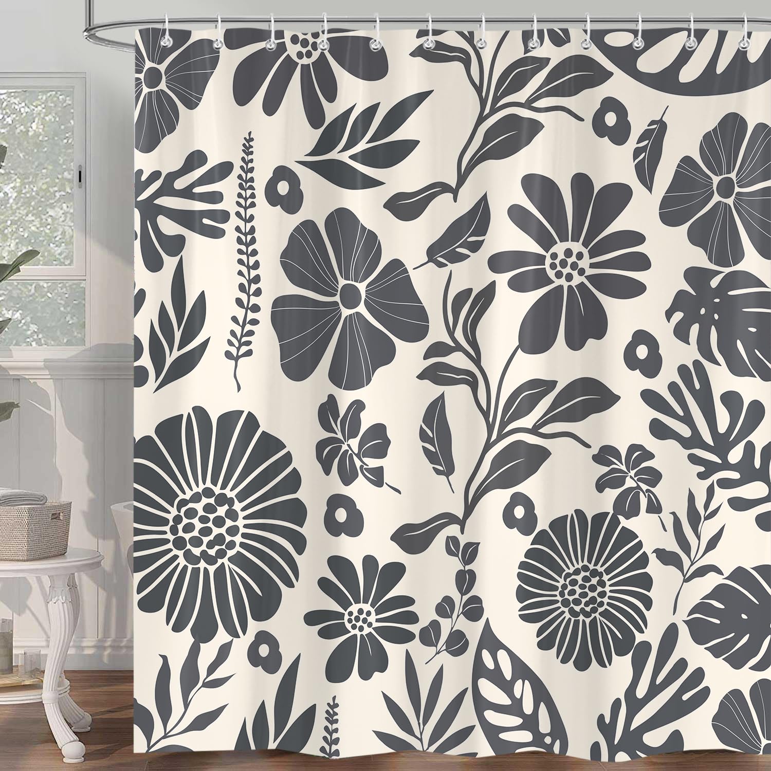 iTapnoom Black Floral Shower Curtain, Vintage Cottagecore Boho Cute Mid Century Abstract Flower Leaves Bathroom Curtain Set, 72x72 in Polyester