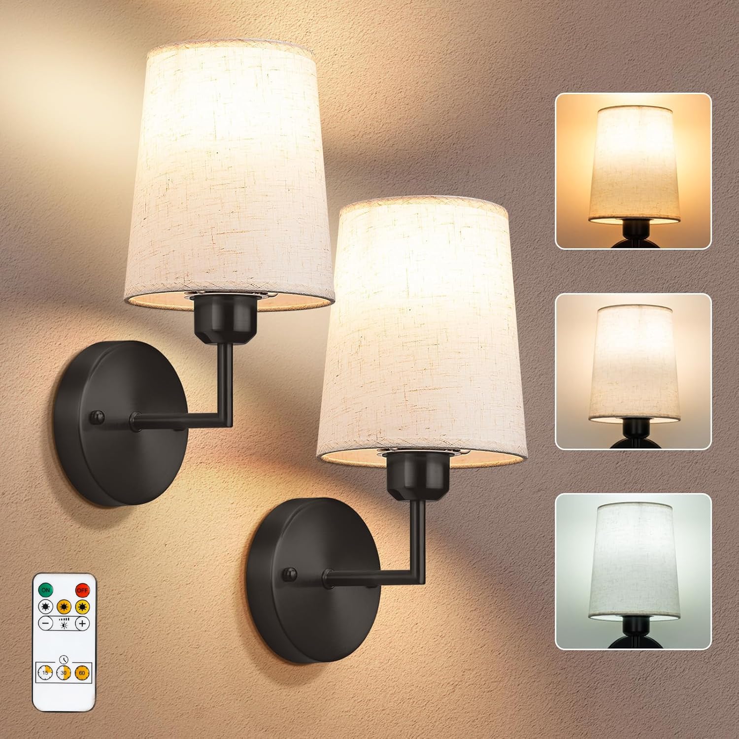EOEO 2 Piezas LED Aplique de Pared Interior con Mando a Distancia, Lámpara de Pared Vintage con Bombilla Recargable 2500mAh, 5W 3 Colores Regulable Tela E27 Apliques para Salón Dormitorio Cama,Negro
