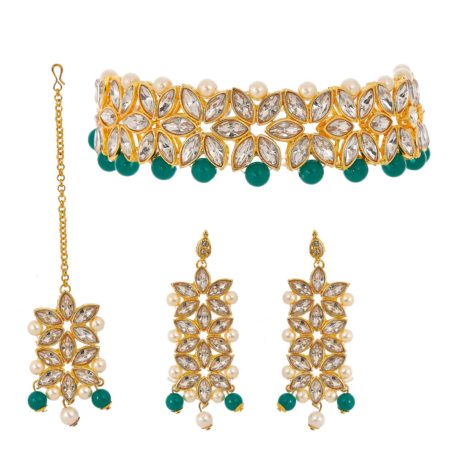 ZENEME Flower Shaped Choker Wedding Necklace Earrings Maang Tikka Jewellery For Women (Green White) (B07Q3LV3GS) Amazon Price History, Amazon Price Tracker