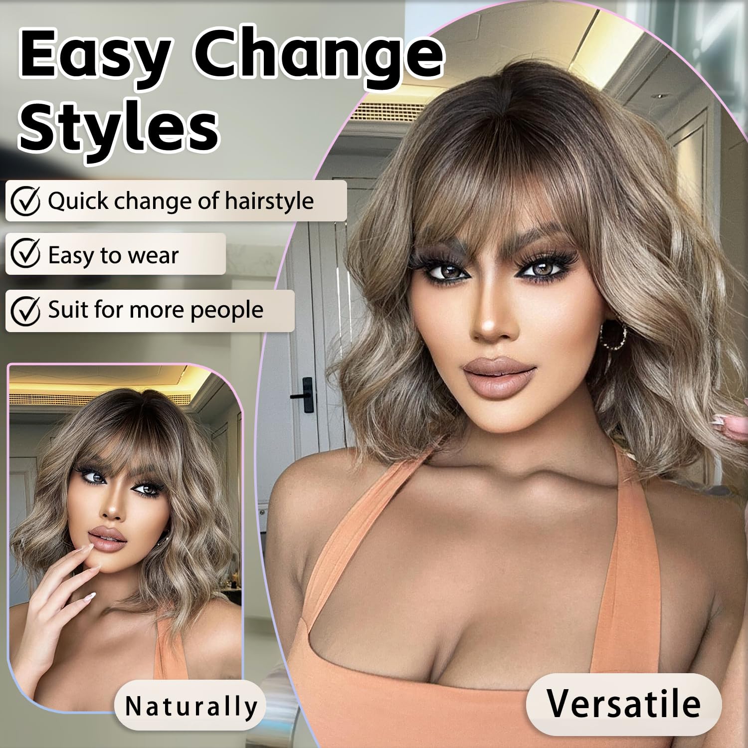 Synthetic Heat Resistant Wavy Bob Wig with Bangs for Everyday Hairstyle Short Bob Wavy Hair Synthetic Wigs with Bangs Natural Color  main image 4