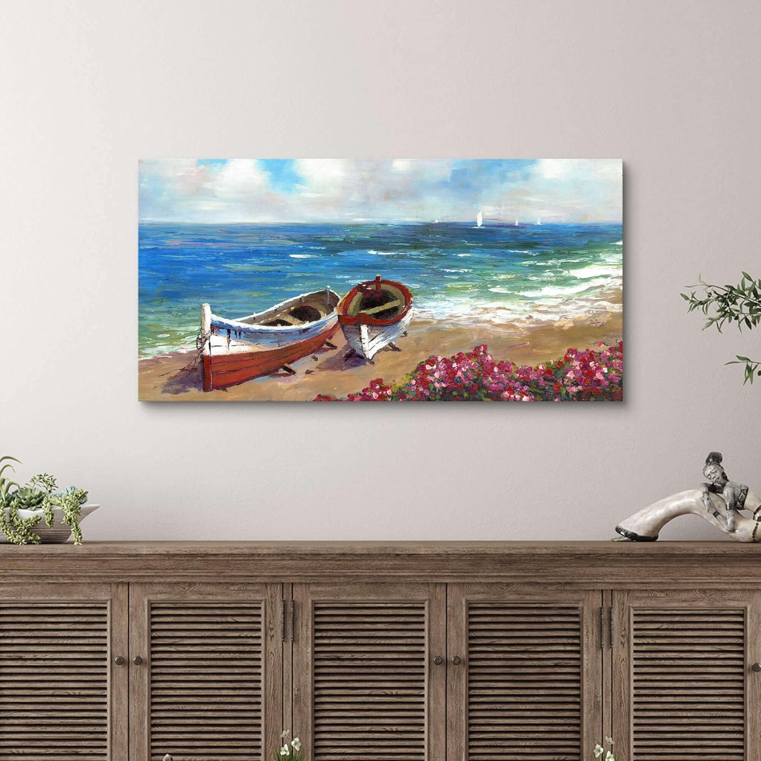 arttitue Beach Coastal Canvas Wall Art: Seaside Picture Hand Painted Ocean Scene Painting Relaxing Textured Tropical Seascape Artwork Sea Boat Print for Bedroom Living Room Office Decor