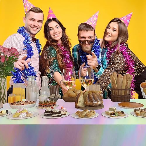 Miniatura 5 de Paquete de 4 manteles de plástico iridiscentes desechables, manteles de papel de aluminio brillante para mesas rectangulares, decoraciones de