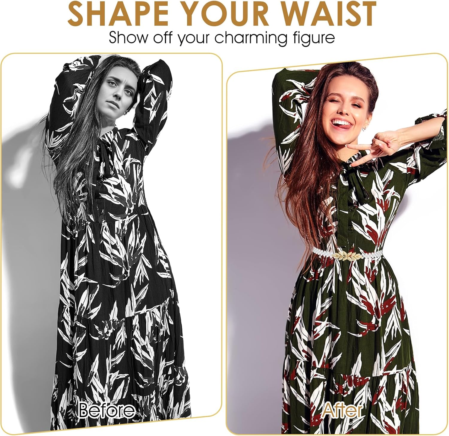 Pearl Elastic Chain Belt, Pearl Stretchy Waist Belt Gold Leaf Waistband for Women Girl Dress Skirt Jeans - Image 4