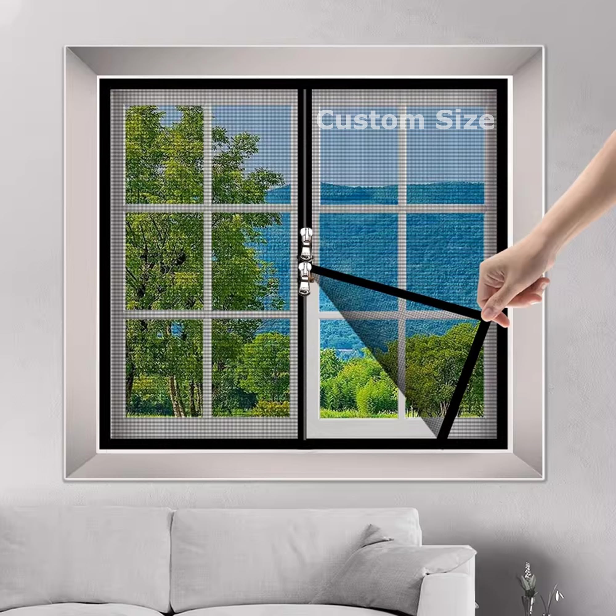 Window Screen with Zipper Opening, Custom Size Window Fly Screen Insect Mesh, Cat Safety Net, Self-Adhesive Mosquito Nets Curtain, Cat Protection Mesh