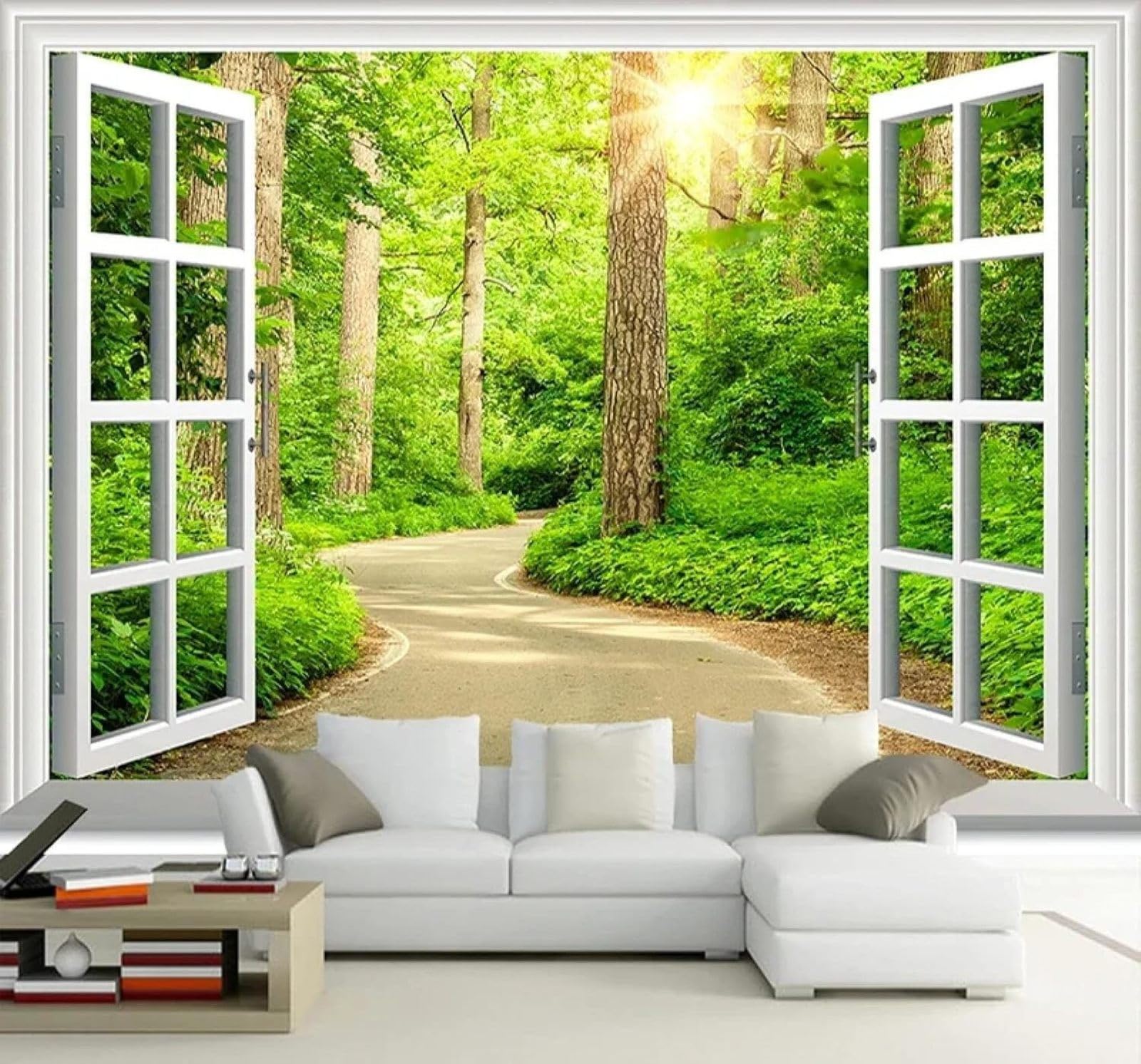 XLMING Green Sunlight Road Window Natural Landscape 3D Wallpaper Silky Texture Home Study Office Grey Dining Room Sofa Bedroom Living Room TV Backdrop-250cm×170cm