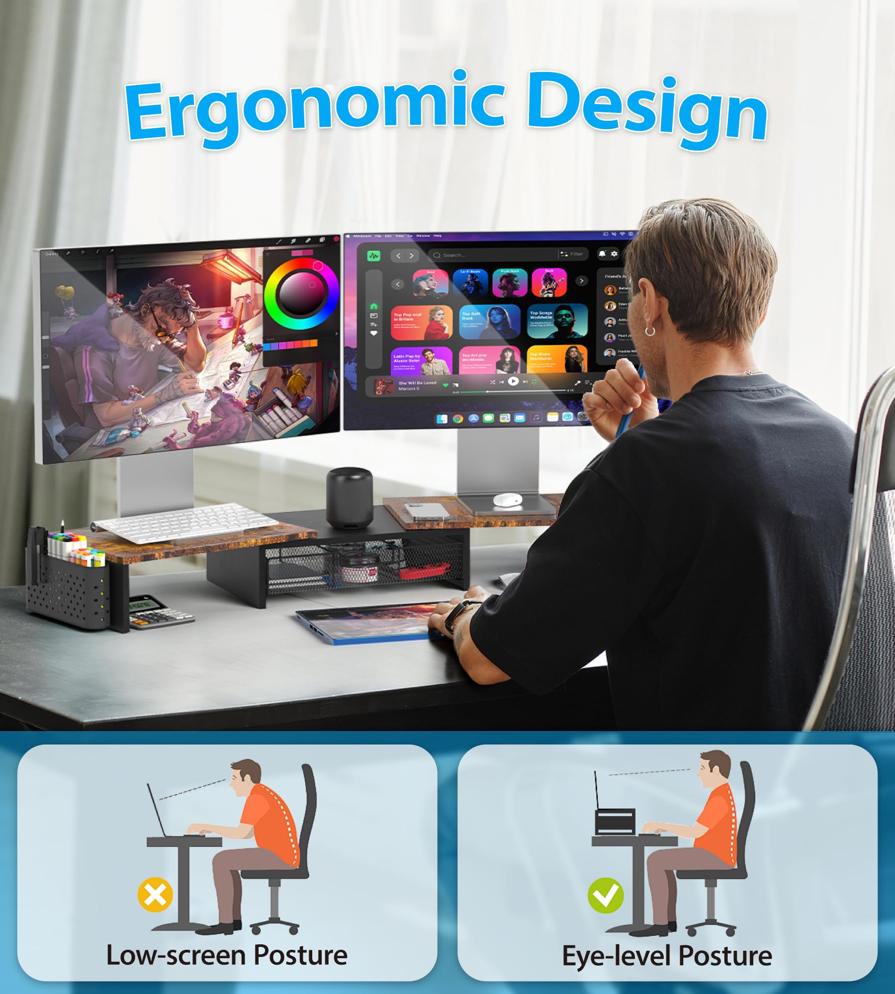MOWETOO Support de Double Moniteur Réglable en Bois avec Tiroir et Porte-Stylos, Rangement Multifonction pour PC Portable, Ordinateur de Bureau et Imprimante