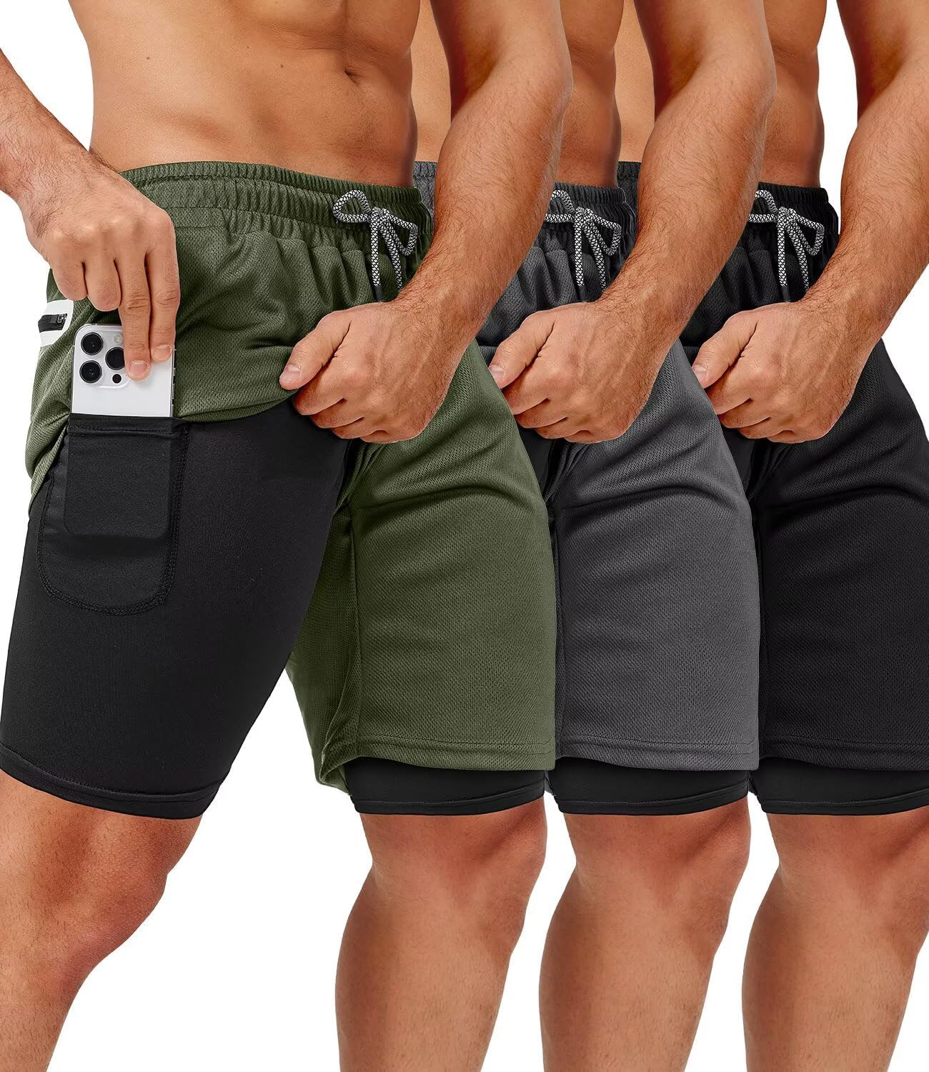 OCYMA 3 Pack Men's 2 In1 Gym Shorts Men with Pockets 7 inch Workout Shorts Men Running Shorts with Liner&Towel Loop - Image 3