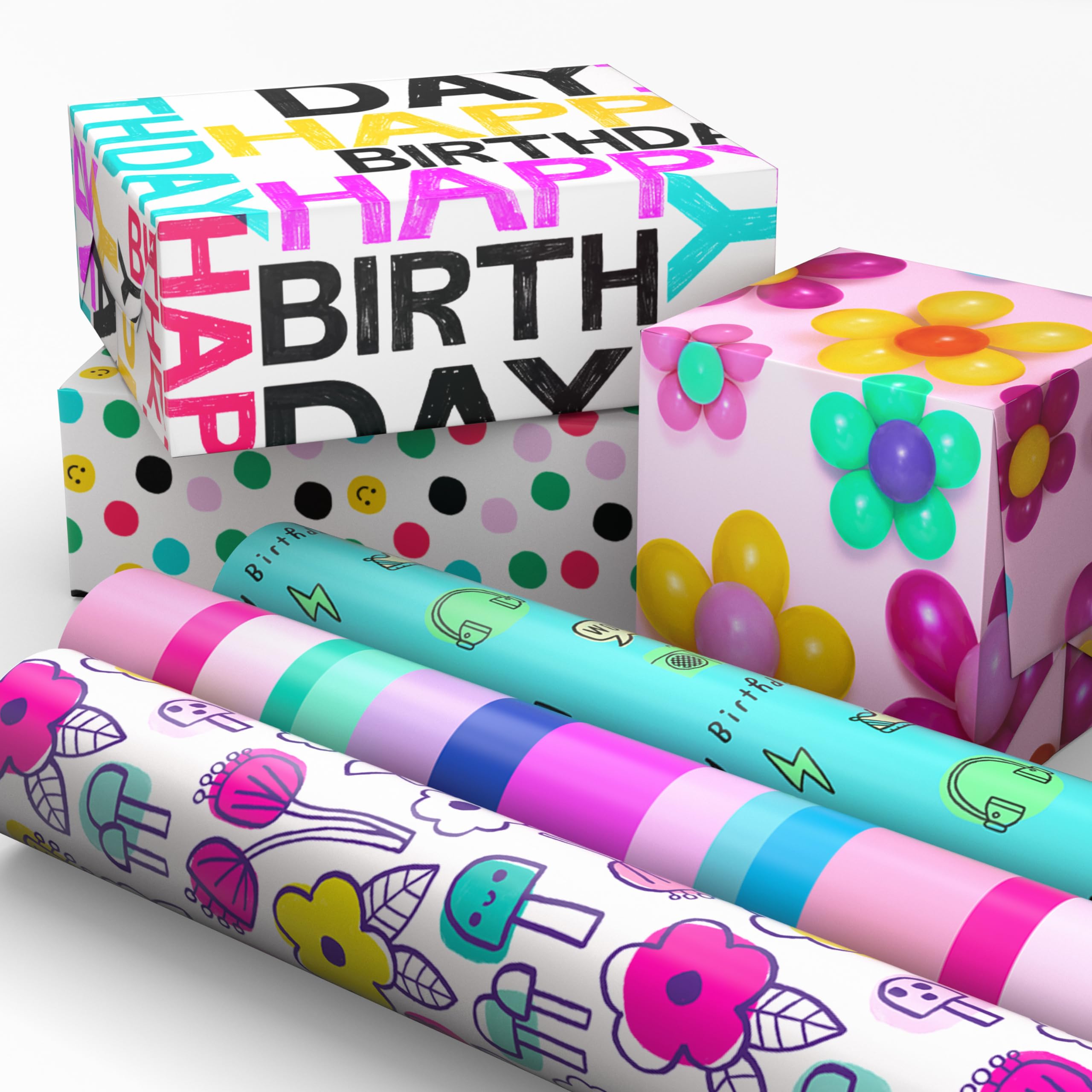 Hallmark Geschenkpapierrollen zum Geburtstag - Blumen, Streifen, Rosa, Blaugrün und Schwarz Polka Dots Geschenkpapier (Set mit 6 Rollen: 180 sq. ftl.)