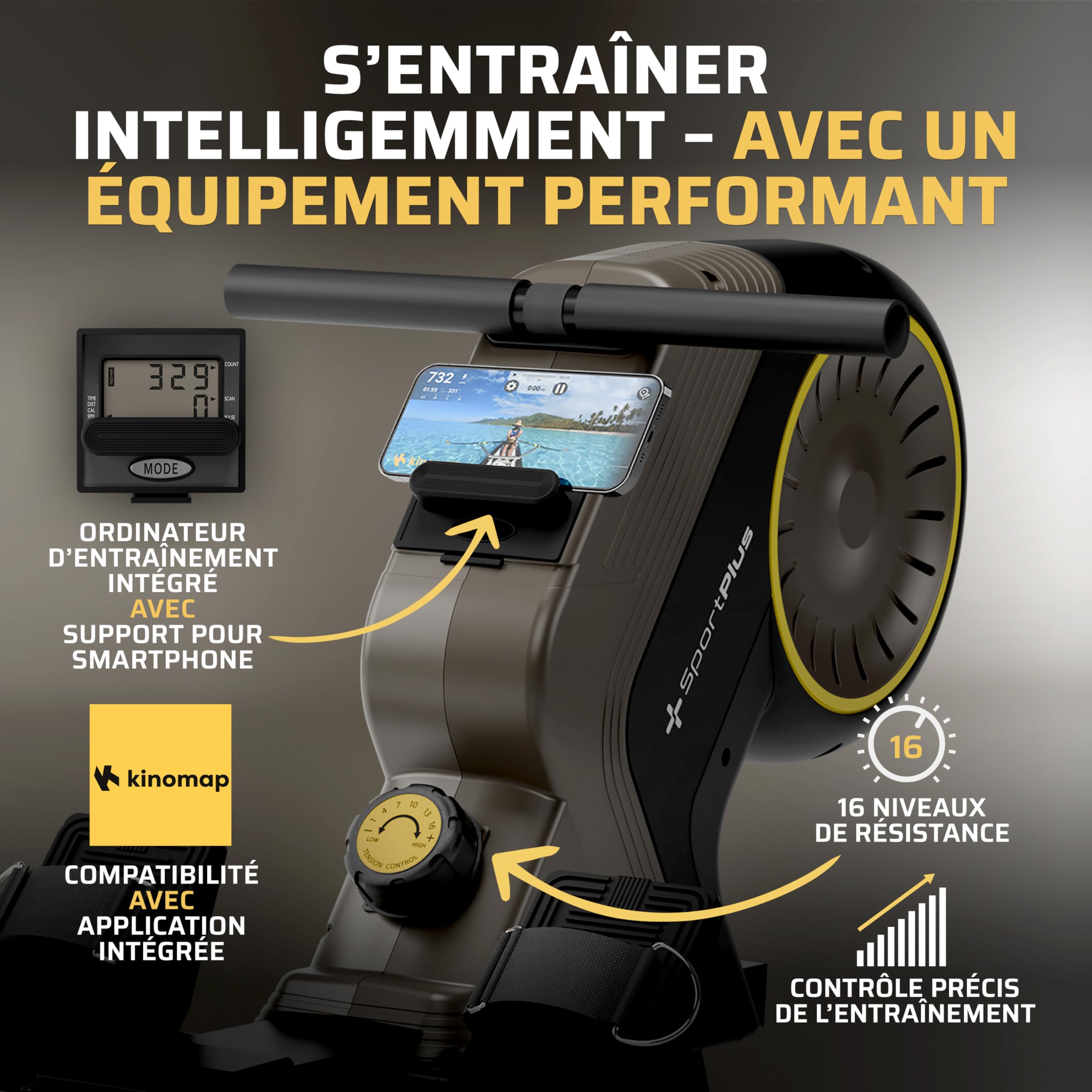 SportPlus Rameur pour la Maison avec 8 Niveaux, système de freinage magnétique Silencieux et sans Entretien, écran Compact, Poids de l'utilisateur jusqu'à 150 kg