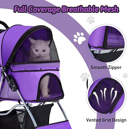 Miniatura 6 de Cochecito para mascotas, carrito de paseo para mascotas de 4 ruedas para perros y gatos medianos/pequeños, cochecito plegable para gatos/perros con
