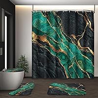 Vista 9 de Juego de cortina de ducha de mármol con tapa de inodoro y alfombras antideslizantes, 4 piezas de cortina de ducha hexagonal de oro negro con 12