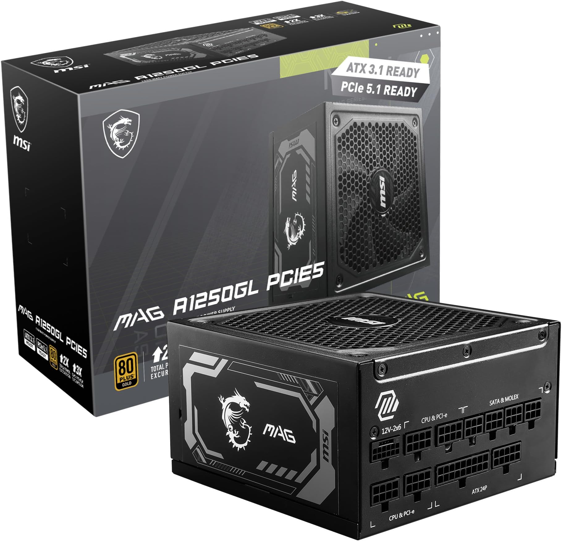 MSI MAG A1250GL PCIE5, Fully Modular Compact Gaming 1250W Power Supply, 80+ Gold, ATX 3.1 & PCIe 5.1 Ready, Native Dual-Color 12V-2x6 Cable, 10 Year Warranty