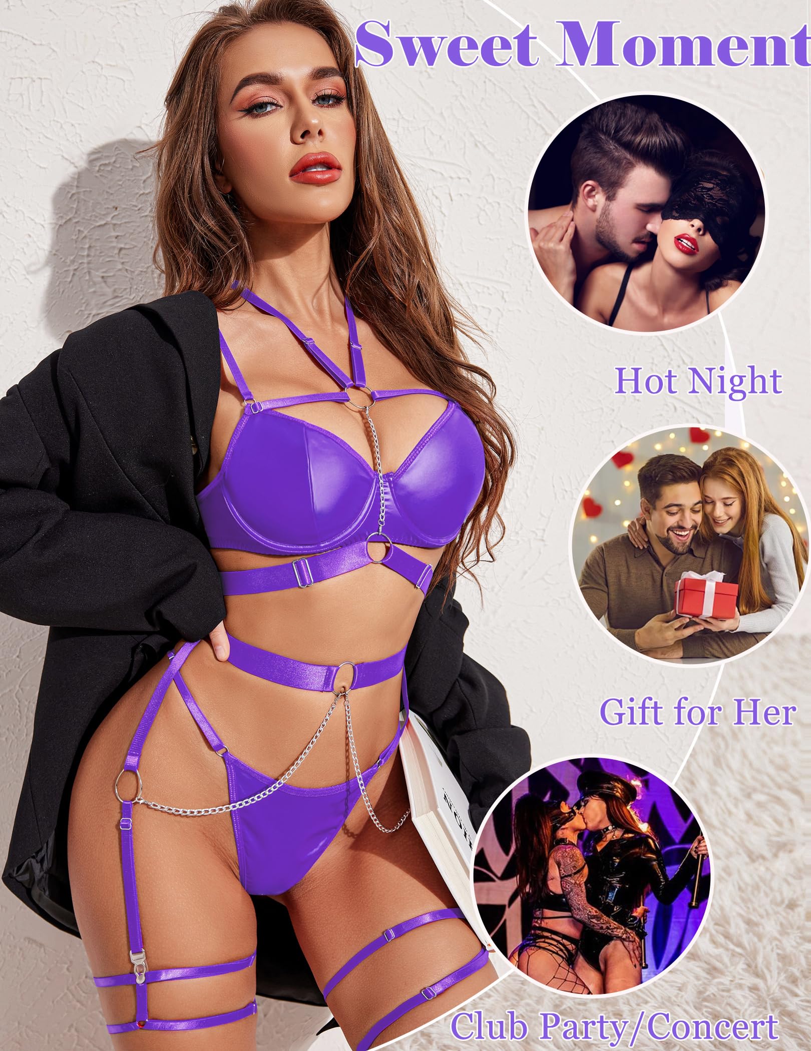 Avidlove Lingerie Set for Women Sexy Strappy 5 Piece Lingerie Garter with Underwire Push Up Bra and Chain