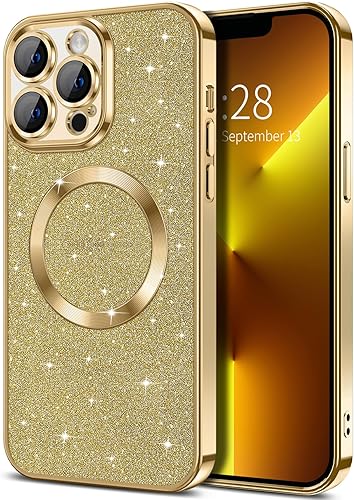 Hython Funda para iPhone 13 Pro con purpurina, fundas magnéticas transparentes para teléfono con protector de lente de cámara compatible con MagSafe
