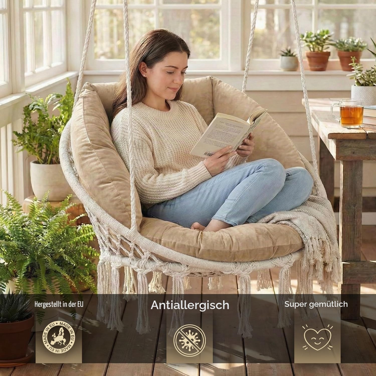 SuperKissen24. Kissen für Hängesessel, Hängestuhl - Runde Sitzkissen mit Silikonfaser - Kissen für Hängeschaukel aus Samtstoff - Hängesitz - Indoor & Outdoor - Dekokissen für Allergiker - Beige