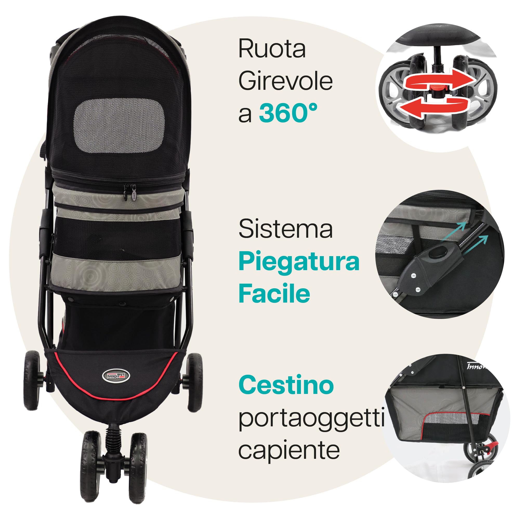 Passeggino leggero Innopet Avenue per cani e gatti, grigio/rosso - Passeggino urbano compatto per animali domestici con copertura antipioggia, cinture di sicurezza e cestino portaoggetti