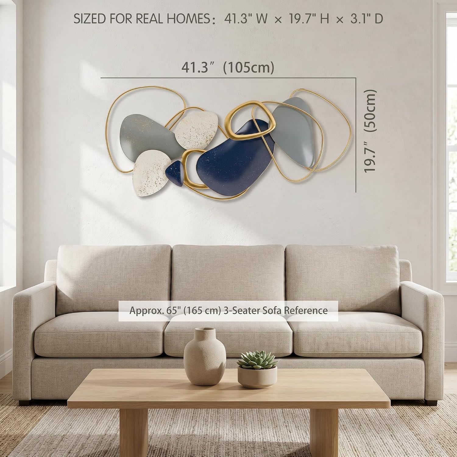 axioglo large metal wall art decor, 3d abstract stone design, handcrafted metal wall sculpture for living room, bedroom & entryway?40"? blue gold small