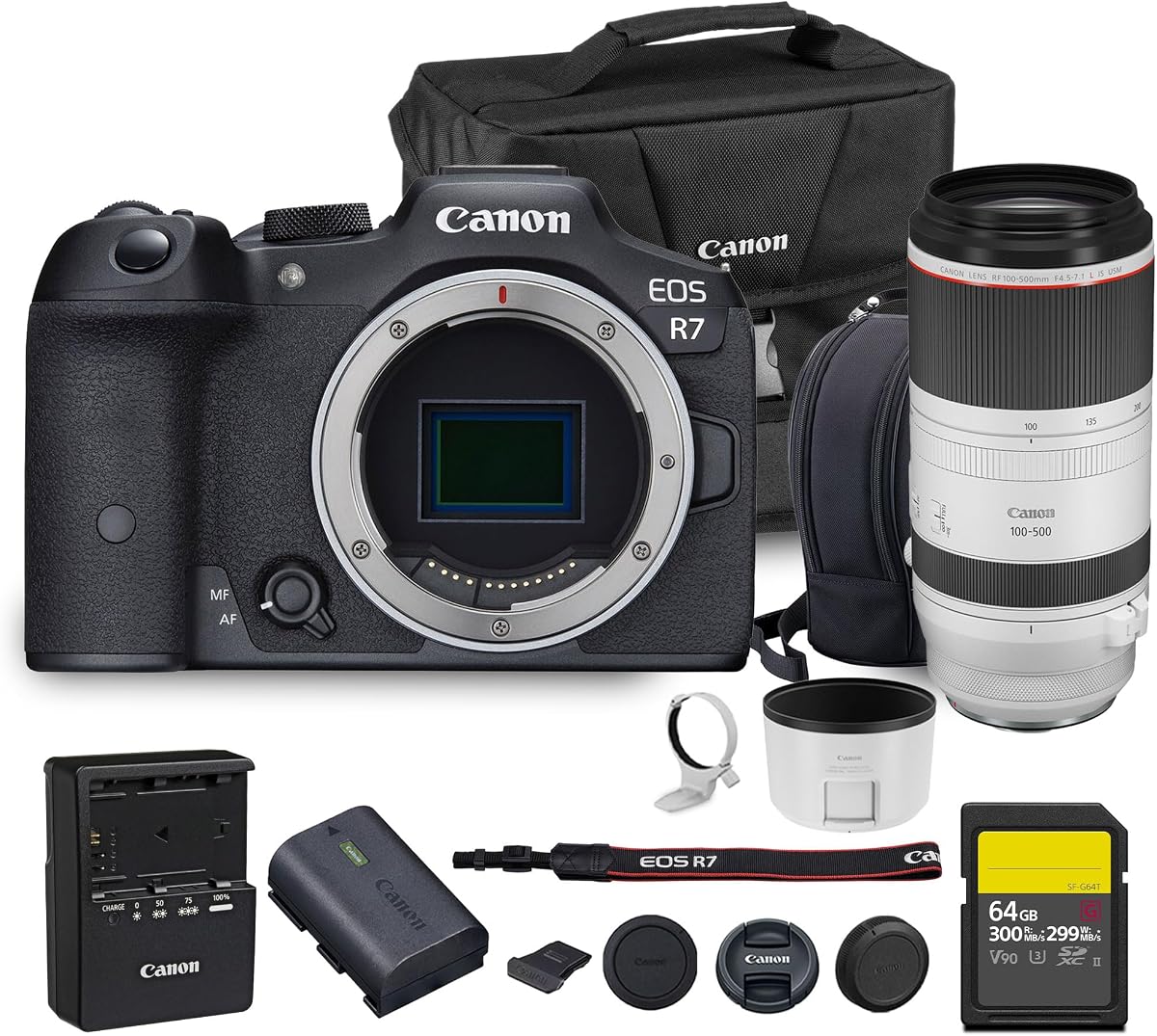 Cámara sin espejo Canon EOS R7 | Vídeo 4K 60p con sensor APS-C de 32,5 MP | Estabilización corporal con enfoque automático rápido para vida salvaje y deportes (4112C002) + Lente Canon RF 100-500 mm + Tarjeta de 64 GB + Bolsa